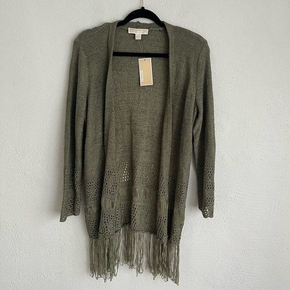 Michael Kors Army Green Knit Fringe Trim Open Cardigan, Size M - Picture 1 of 10